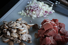 chopped onions, mushrooms and meat
