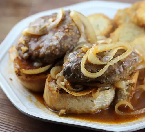 French Onion Salisbury Steaks on Italian Baguette 