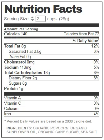 BoomChickaPop Kettle Corn Nutrition Facts