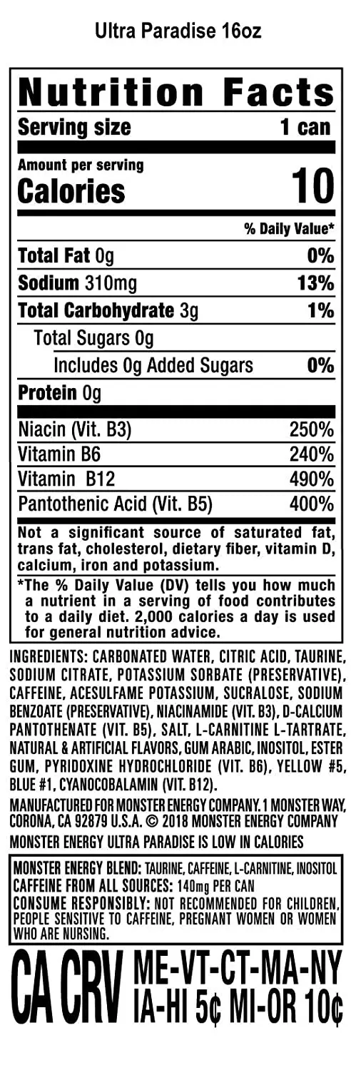 Monster Energy Ultra Paradise Nutrition Facts