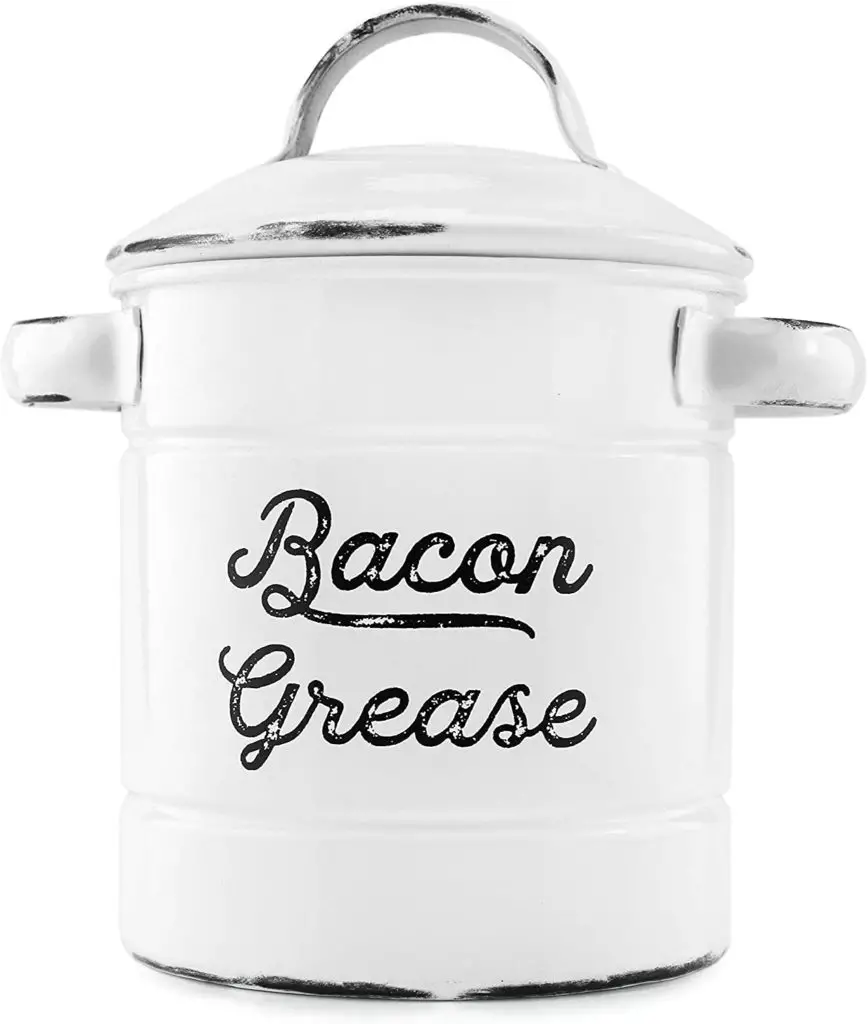 AuldHome Grease Container, White Enamelware Bacon Grease Can with Strainer