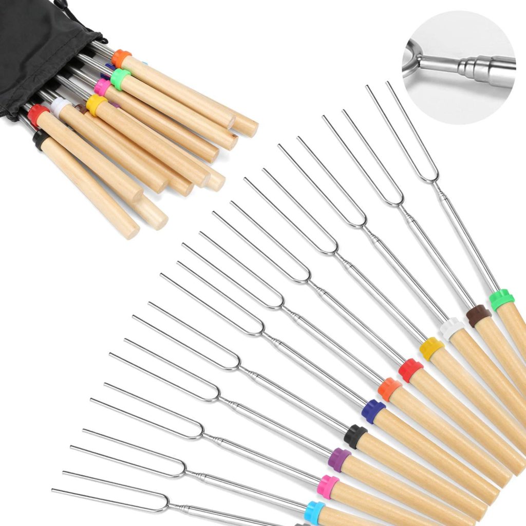 Marshmallow Roasting Sticks Wooden Handle Set of 12 Smores Skewers Telescoping Forks
