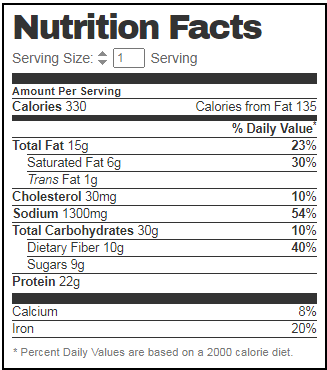 vendy large chilli nutrition facts